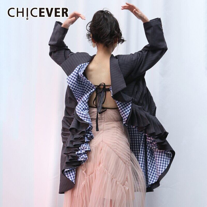CHICEVERパッチワークアシンメトリーウィメンズブレザーノッチカラー長袖レースアップヒットカラースーツ2020服 ロング 6base56167754753