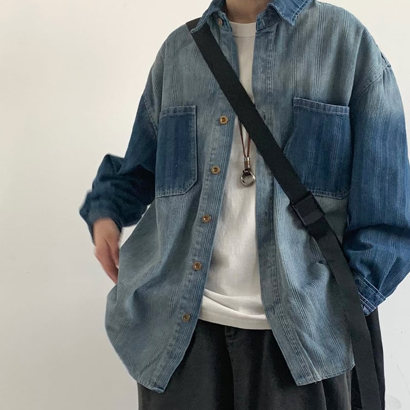 jiwuus藍色グラデーションの長袖デニムシャツ