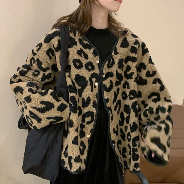 レディース アウター レオパード ヒョウ柄 豹柄 長袖 秋冬 ボアフリース ルーズ ビッグシルエット XL/2XL/3XL