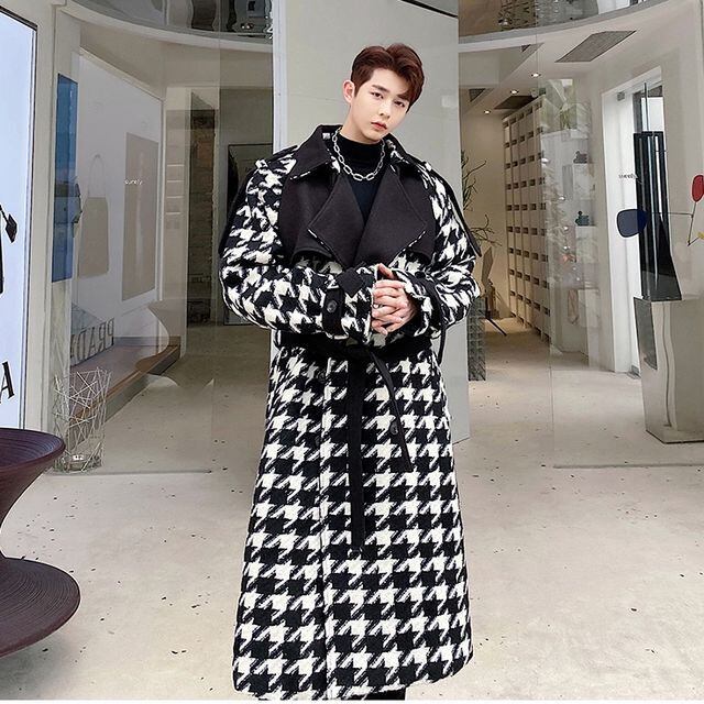 予約販売】トレンチコート 千鳥格子柄 モノトーン アウター ロング丈