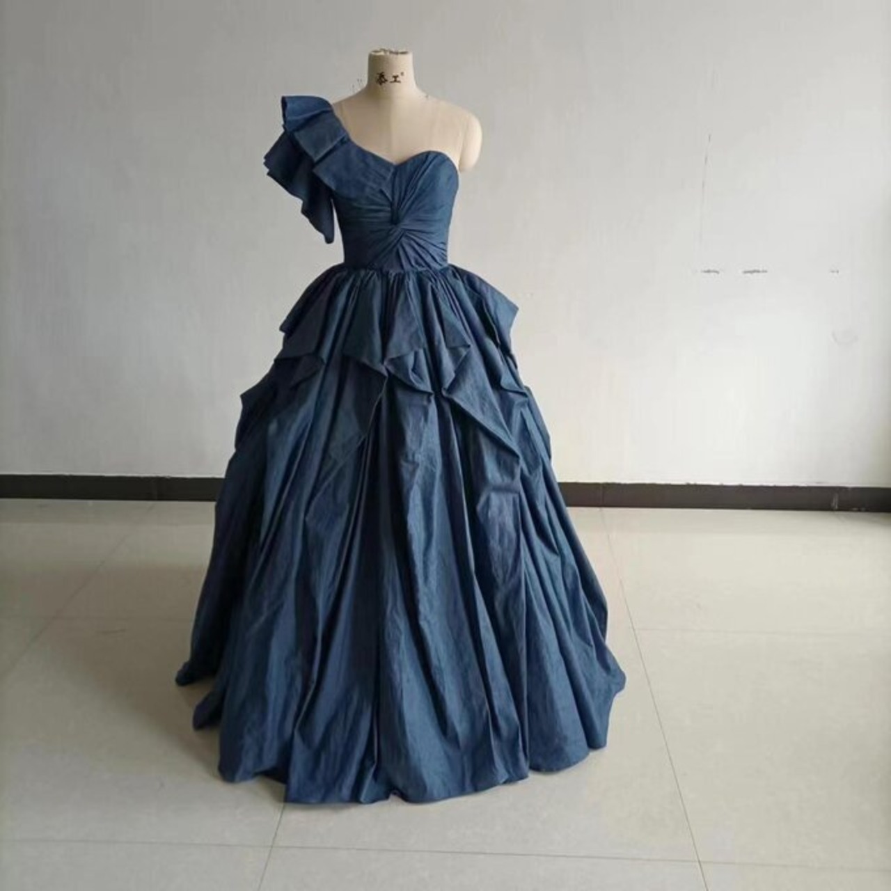 高品質！ブルーグレー デニムドレス ベアトップ 取り外し袖 披露宴  