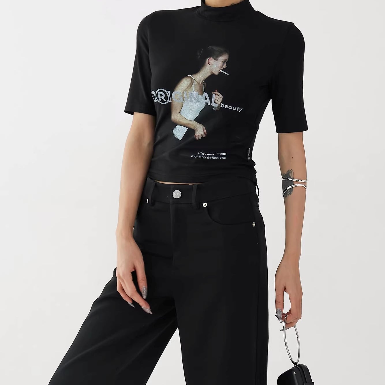 半袖 モックネック プリント オーバーサイズ Tシャツ 2color ATO0215