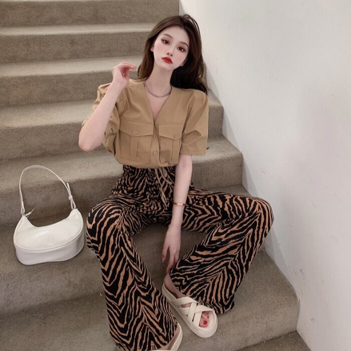 ギャザートップス パターンストレッチウェストスリットワイドレッグパンツ セット サマー エラスティック 伸縮 夏物 ワイドパンツ ドラファッションホール15018356373