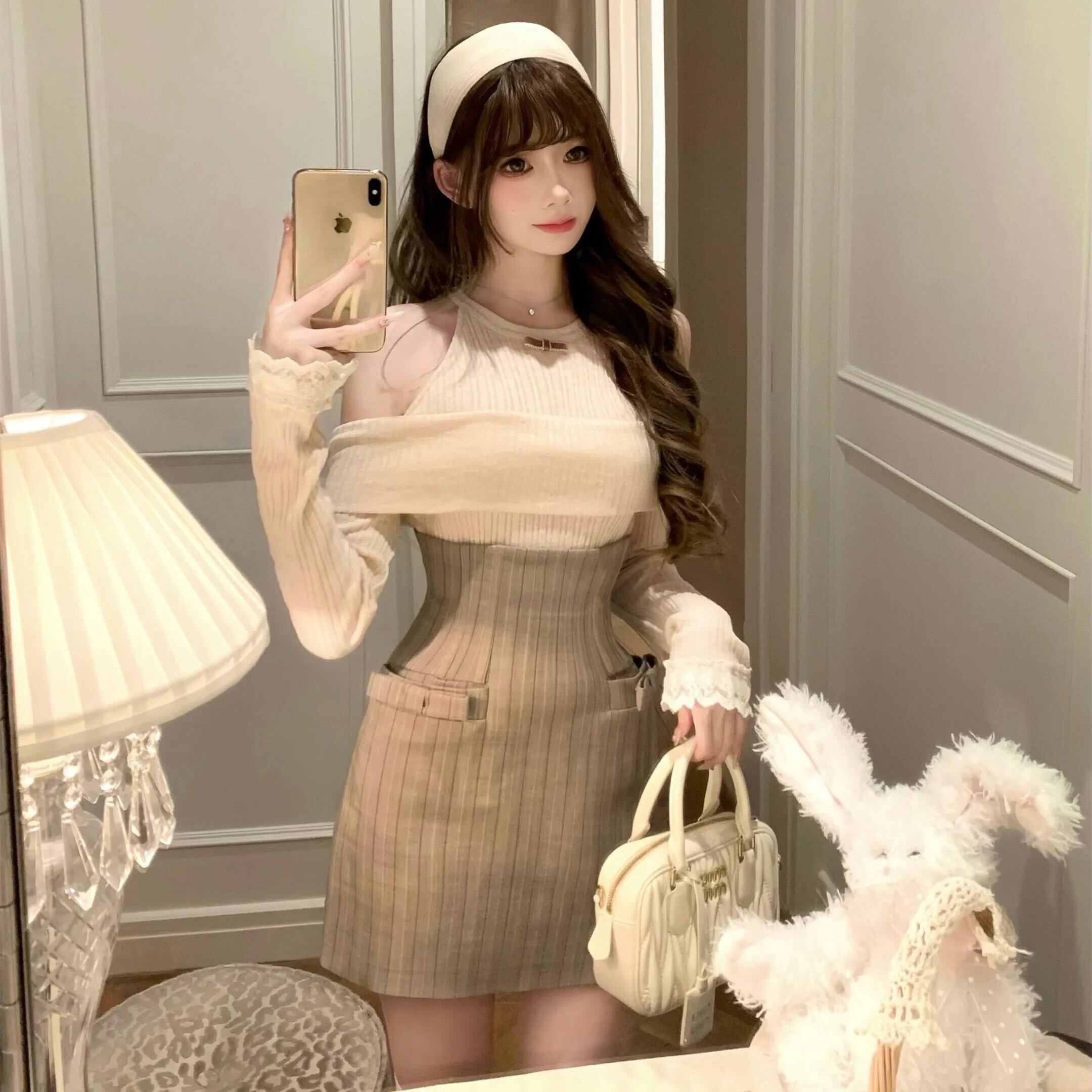 【set】オフショルニットトップス×ストライプ柄スカートセット N3356