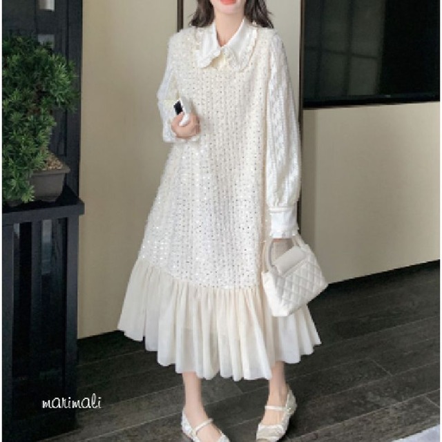 フラットカラー ブラウス＋スパンコール フレアワンピース 25080