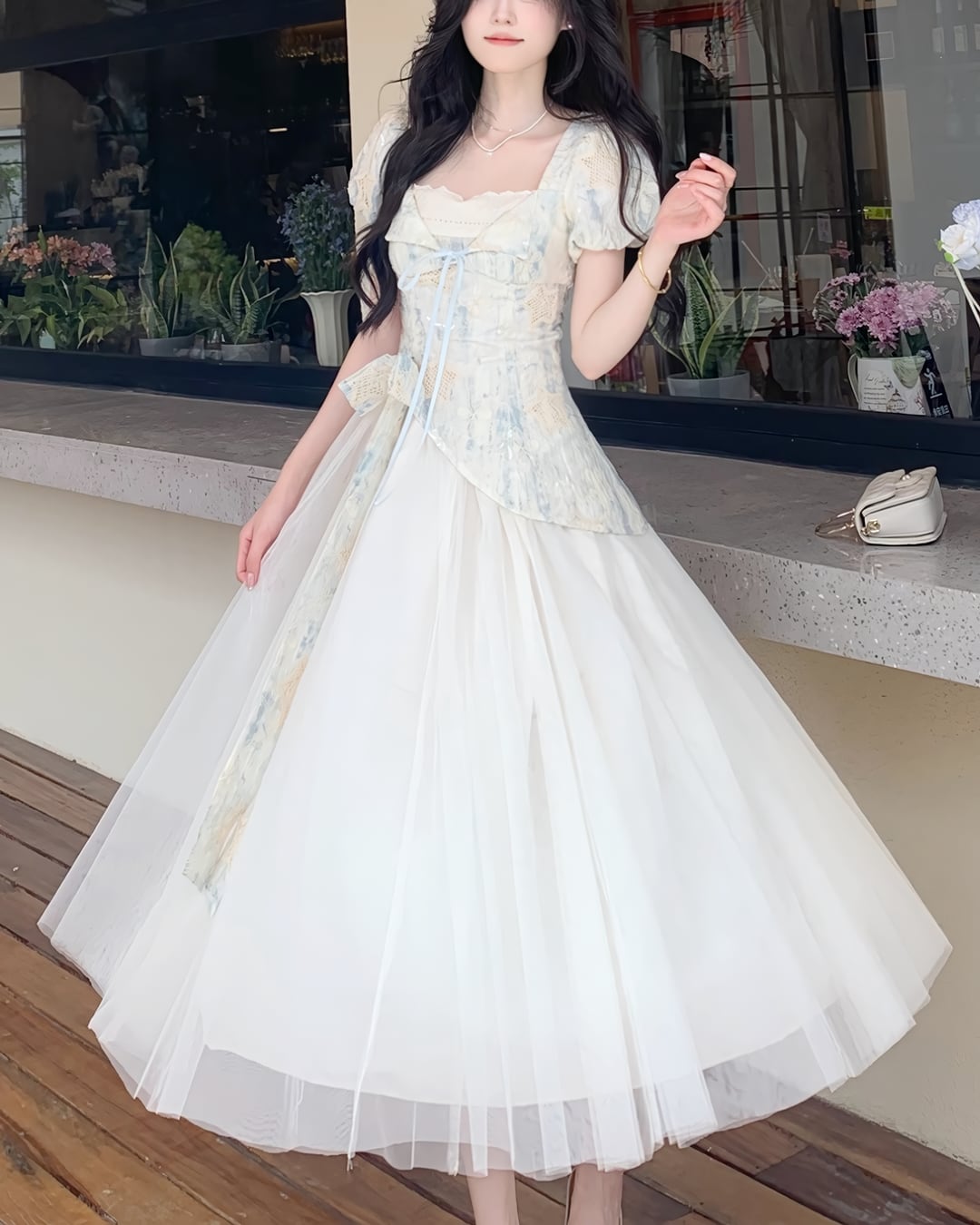 LEJA-ドットチュール花柄Iラインワンピースドレス 結婚式 レディース