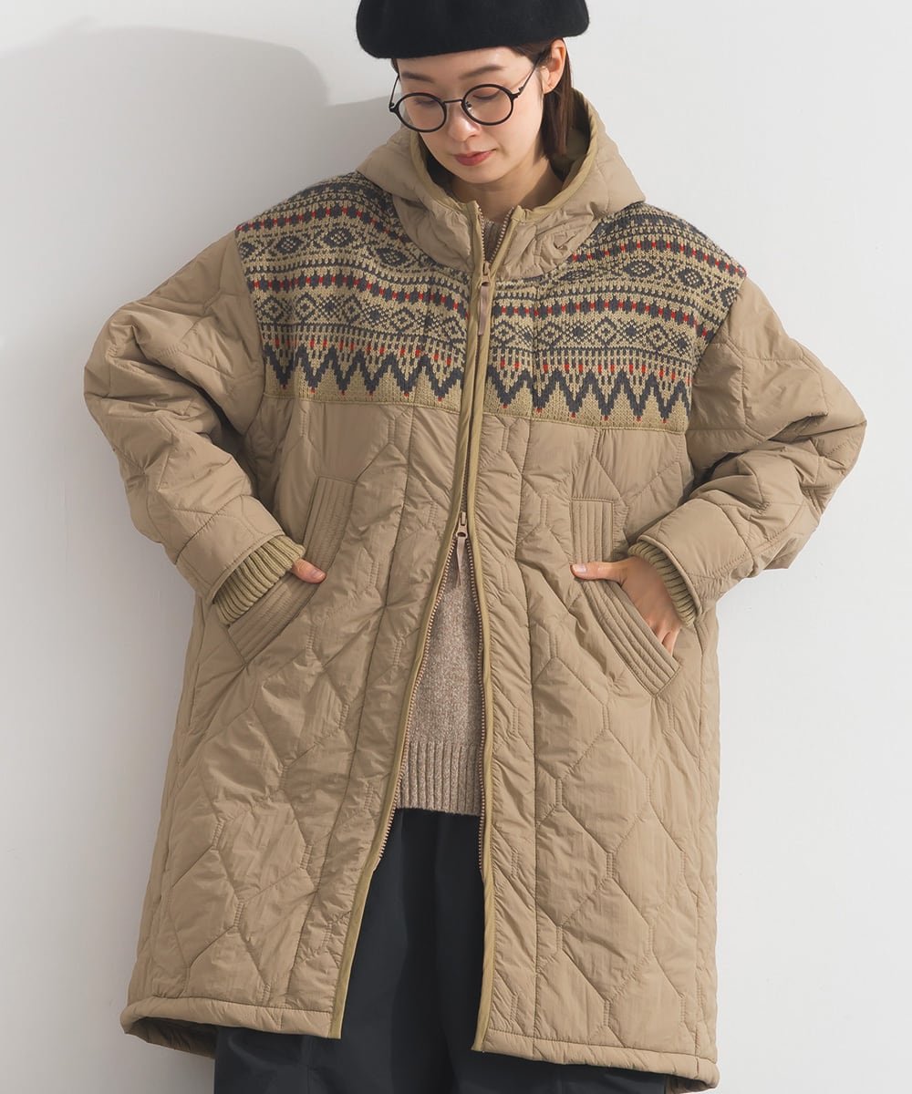 K53123 キルティングジャカードニット切替ZIPロングパーカー / Quilted
