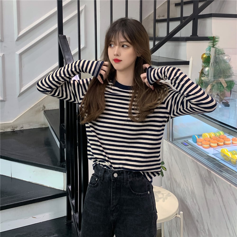 秋 冬 春 コーデ シャツ 多色 ボーダー 不規則 長袖 人気 おしゃれ