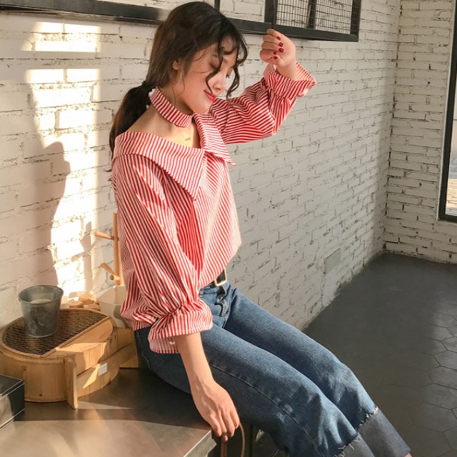 韓国 ヴィンテージ ファッション ストライプ シャツ ドレスシャツ