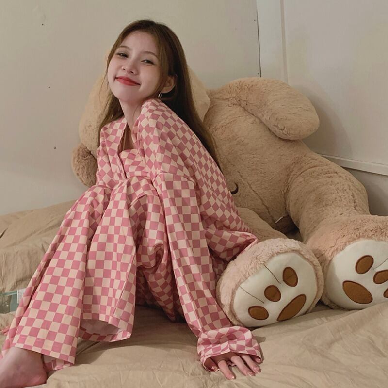 格子柄カジュアルオータム ロング ピンク 秋物 萌量不足82095037122