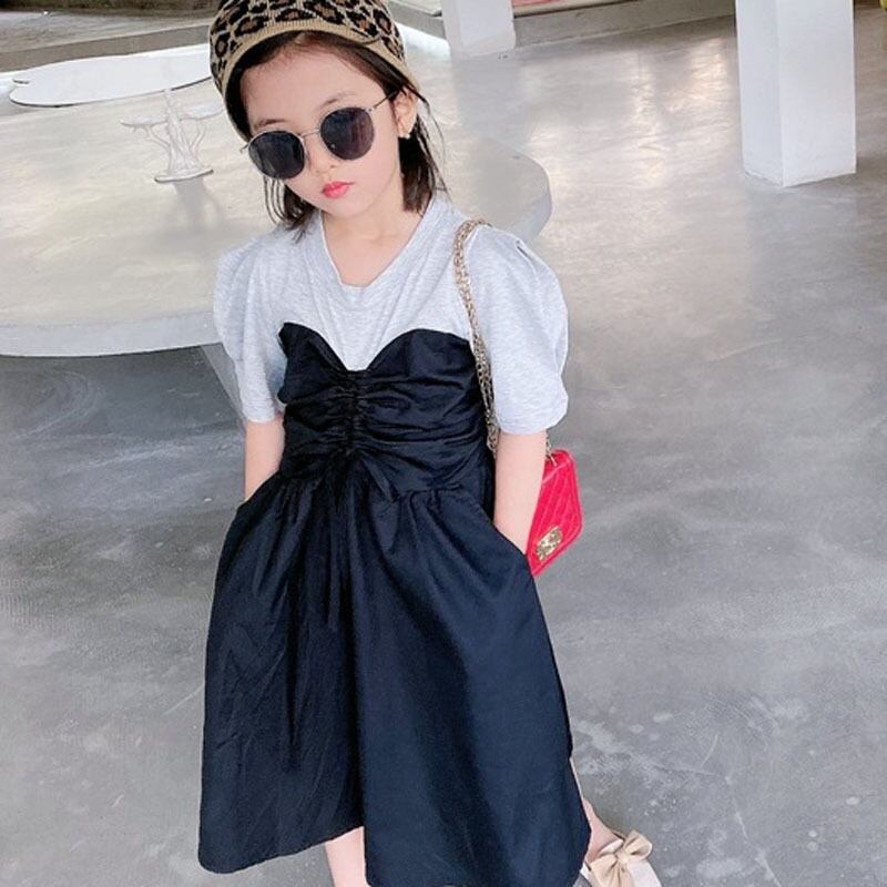 予約】 夏の女の子のドレス カラーマッチング プリーツ A ライン 
