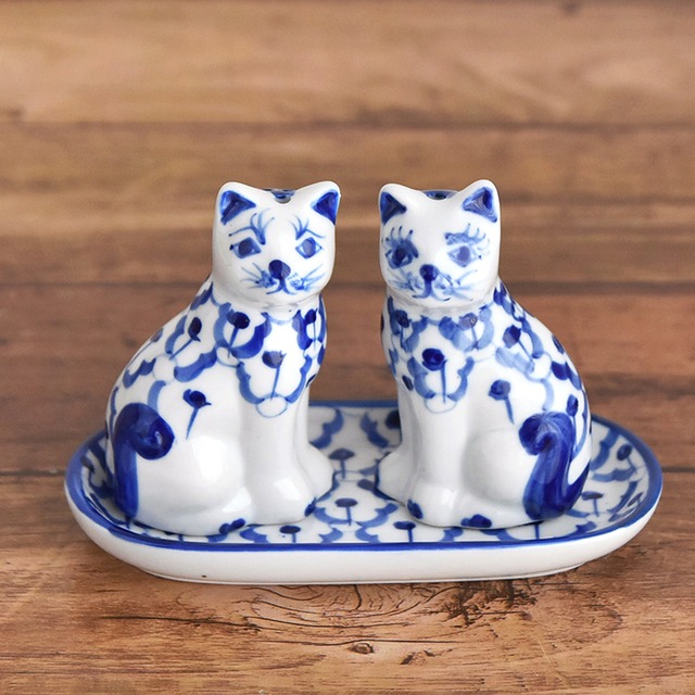 タイ 青白陶器 塩胡椒入れセット A ネコ
