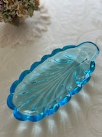 英国Vintage シェル型 ガラスプレート クリアブルー テーブルウェア 小物置き トレイ 撮影小物 インテリア小物