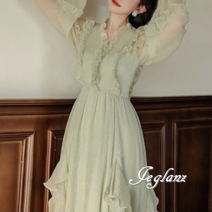 パーティドレス ワンピース 切替 ボリュームフリル 肌透け(M6137)★ ζ