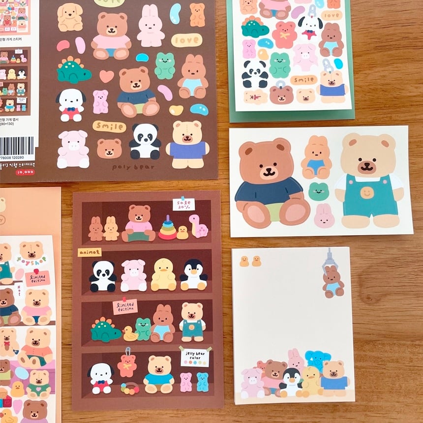 調査 ポストカード メモ帳 ステッカー polybear】シール・メモ・ポストカード セット 인형 랜덤팩 | 韓国文具