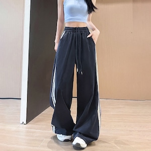 サイドライン ワイドパンツ レディース 韓国 春夏 Y2K ストリート ドローコード イージーパンツ トラックパンツ ストレート ハイウエスト 脚長 着痩せ 体型カバー ゆったり ルームウェア ダンス 部屋着 カジュアル [LS-CGP031]