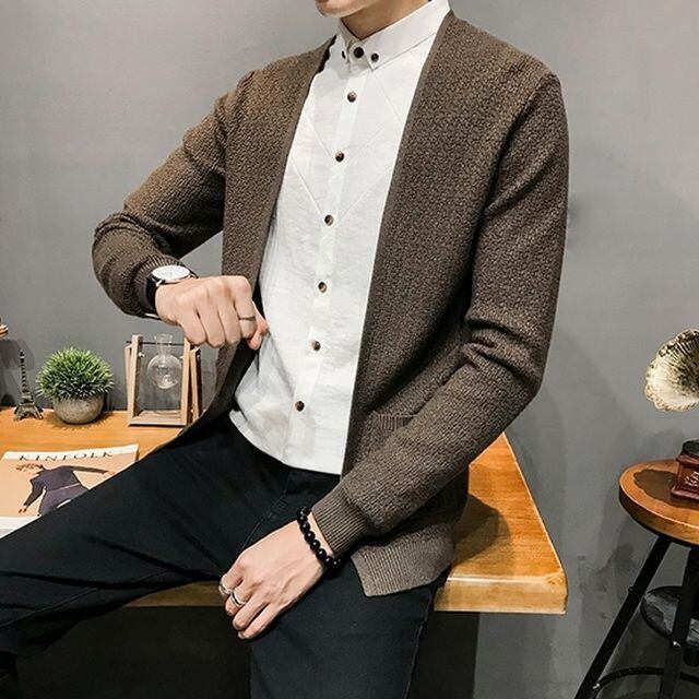 【予約販売】カーディガン ニット Vネック 無地 メンズ アウター ベージュ ブラック シック カジュアル シック 男前 こなれ感 お洒落 韓国 トレンド 秋 冬 M/L/XL/2XL/3XL