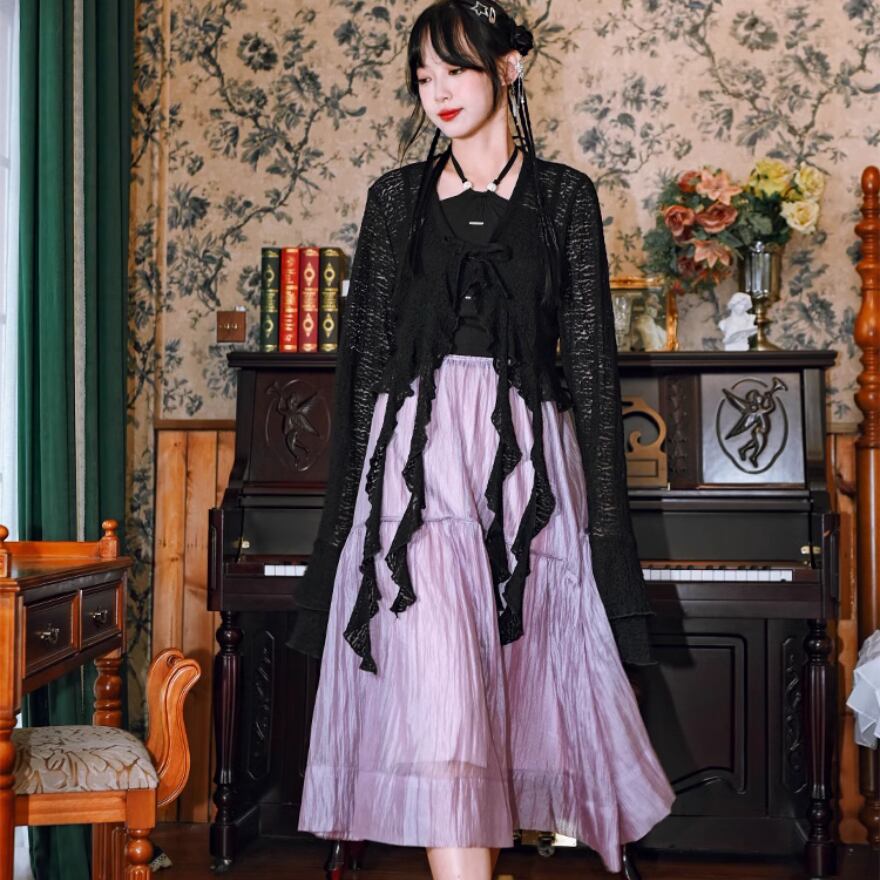 天使と悪魔 サブカル系 ブランド 古怪舎 スカート 少女花絮 レース 切替え 透け感 ロング丈 ハイウエスト Aライン 病み可愛い 原宿ファッション 地雷系 量産型