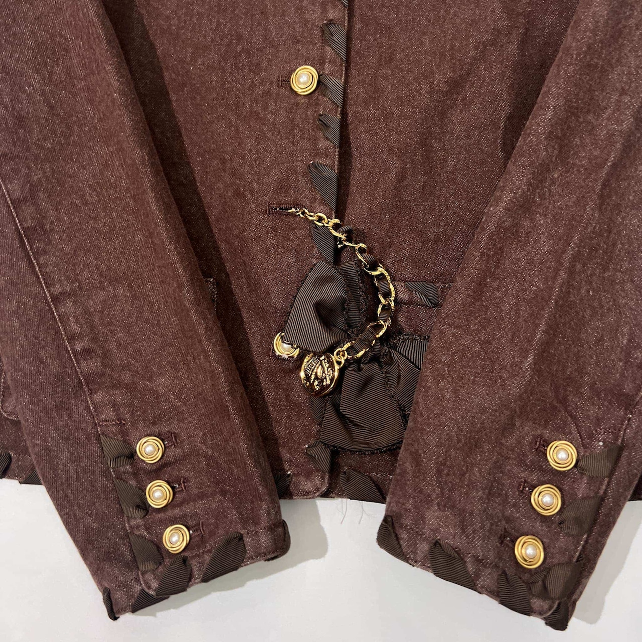 KANEKO ISAO カネコイサオ 金ボタン デニム セットアップ ノーカラージャケット ロングスカート /ブラウン/ビンテージ