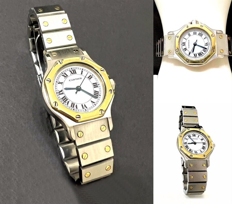 Cartier カルティエ サントス オクタゴン 自動巻き オートマ K18 YG ゴールド ホワイトローマン サファイア 時計 SM