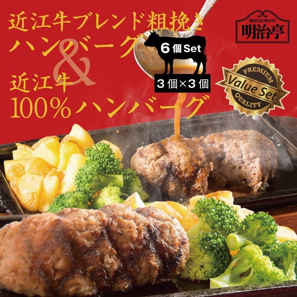 ☆6個セット:2種ミックス☆ 粗挽きハンバーグ:3個＆近江牛100