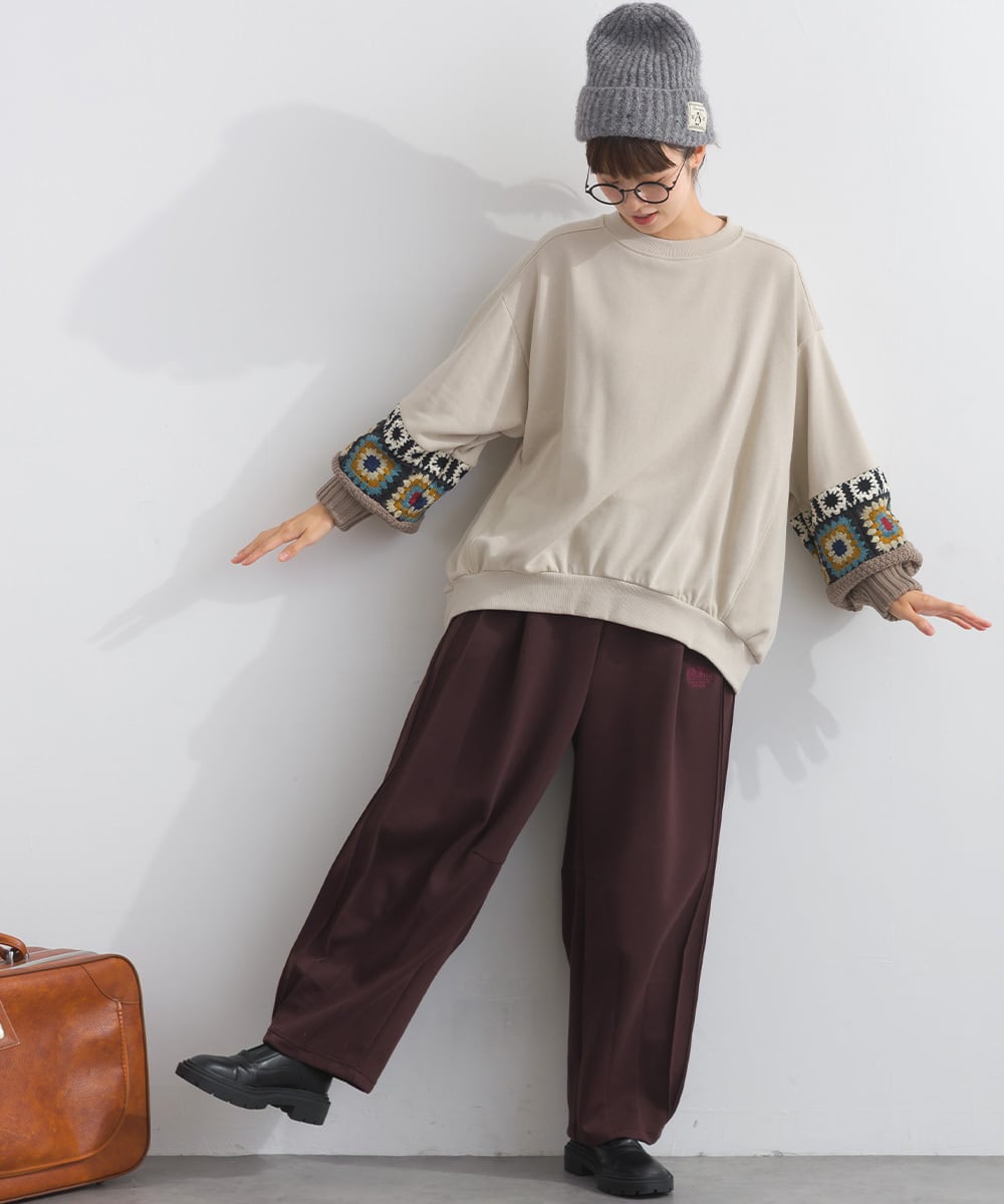 K53117 CT裏毛クロシェモチーフ袖切替スエットプルオーバー / K53117
