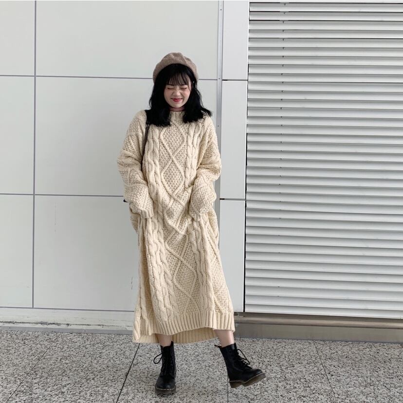 美品✨️Dw2R ローゲージニットワンピース 長袖 ケーブル編み ダークグレー