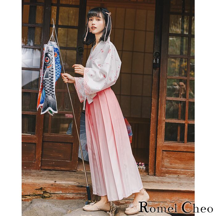 RomelCheo リボン 袴パンツ ピンク プリーツ ワイド ガウチョ パンツ 和服 グラデーション 桜柄 リボン キュロット レディース マキシ丈  巫女 サブカル ゆめかわ かわいい 病みかわ 原宿系 和風 モダン 和装 ロメルチェオ