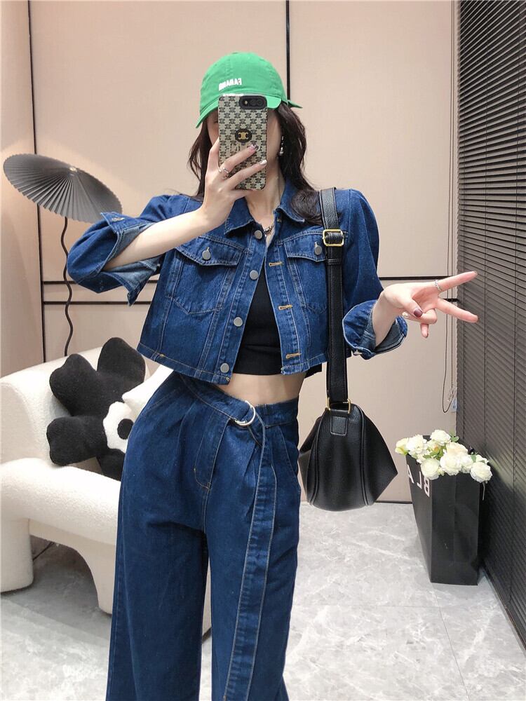 set】人気ファッションデニムセットアップジャケット+ワイドパンツ2色