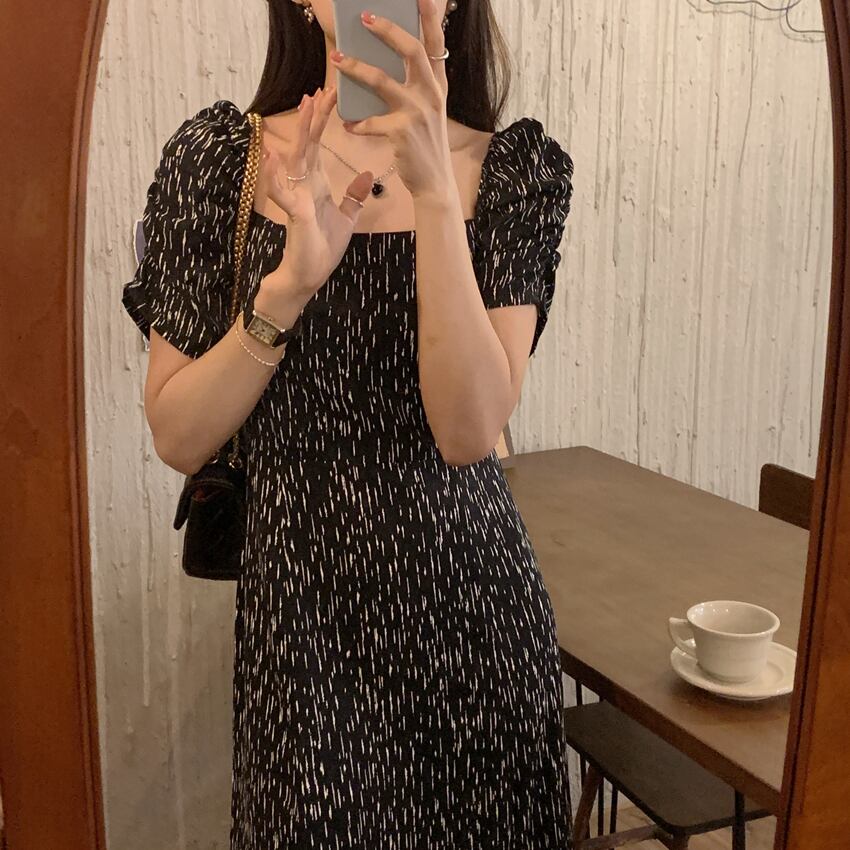 プリーツドレス サマースタイルスリーブウェストAライン薄手スカート 夏物 スクウェア ビッグFスモールZ韓国22004282855