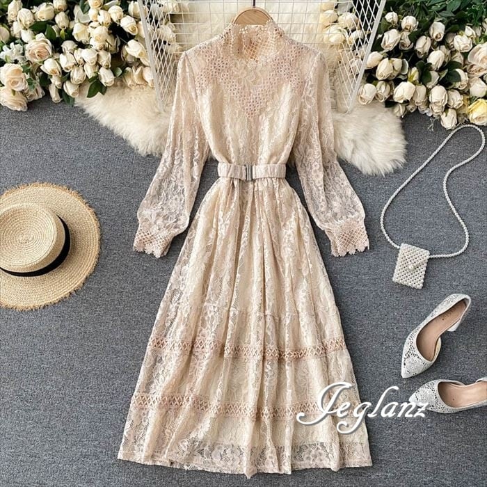 4色 結婚式 パーティ 透け感 総レース ハイネック ベルト付き 高見え ♪(Z2310)ζ