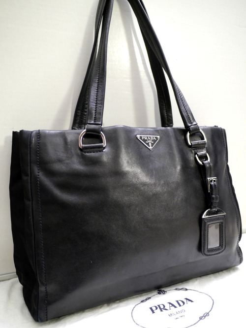 レア◆PRADA プラダ ビジネス対応 レザーxナイロン切替 トート ハンド バッグ 黒◆ タブレット等も入れやすいビジネス対応の万能定番モデル