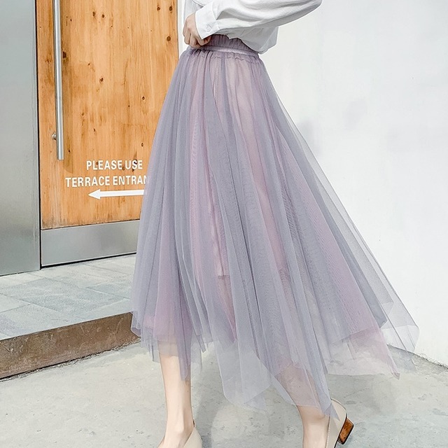 スカート ミモレ ロング フレア チュール 透け感 メッシュ 春 夏 可愛い フェアリー イレギュラーヘム 無地 大人 通勤 ハイウエスト 軽やか 大きいサイズ db0159