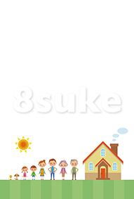 イラスト素材:マイホームと幸せ3世代家族(ベクター・JPG)