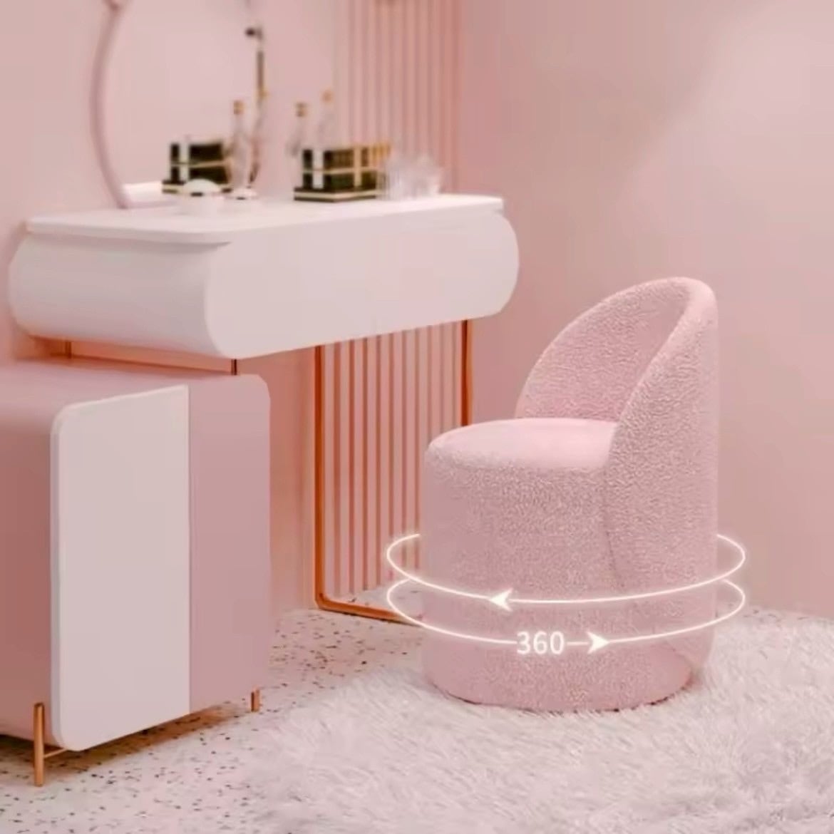 ウールベルベットチェア360℃回転|ホワイト・ピンク