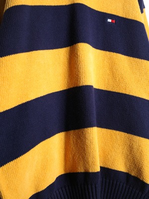 "TOMMY HILFIGER" navy × yellow good coloring border cotton knit