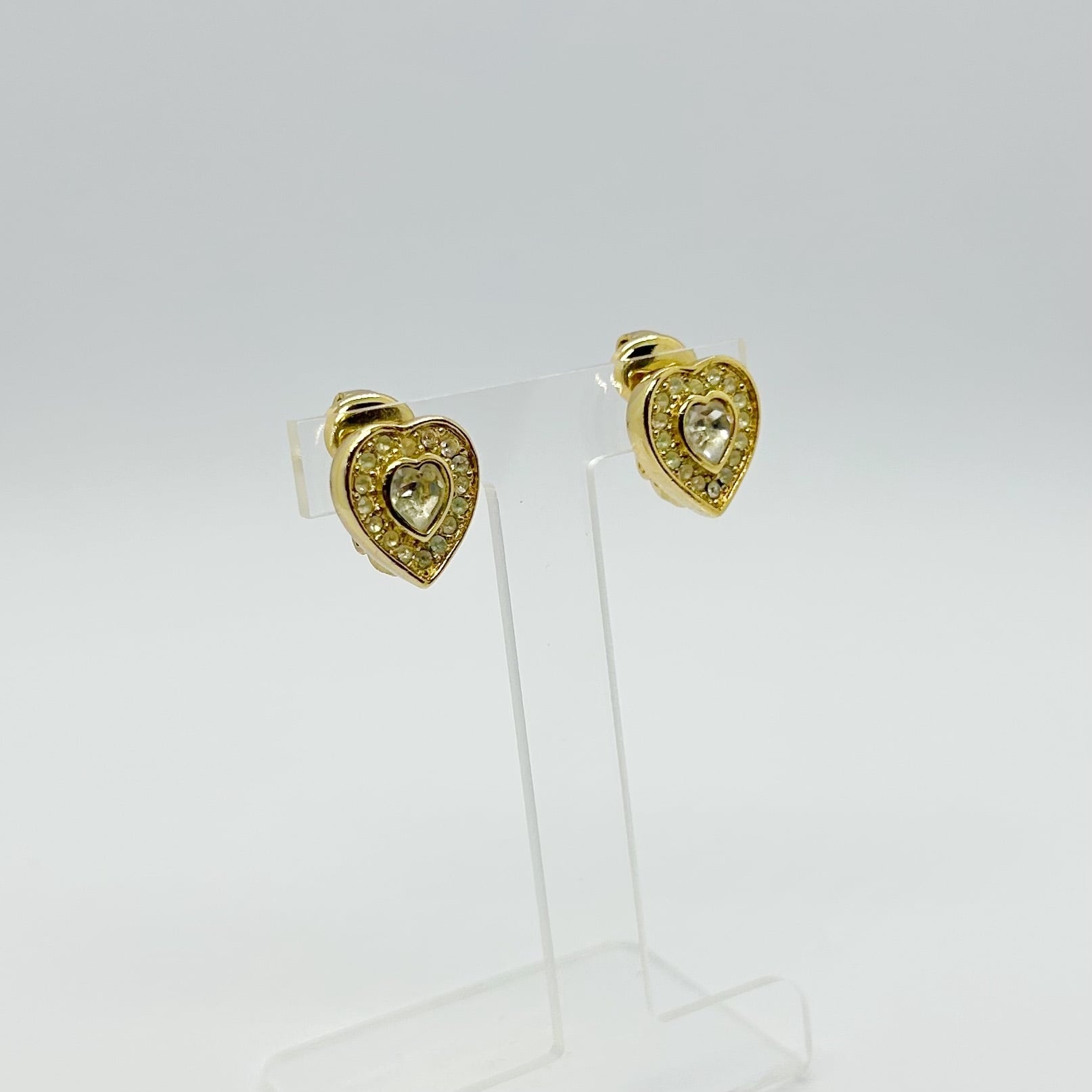 E5572】Christian Dior heart rhinestone earrings/クリスチャン