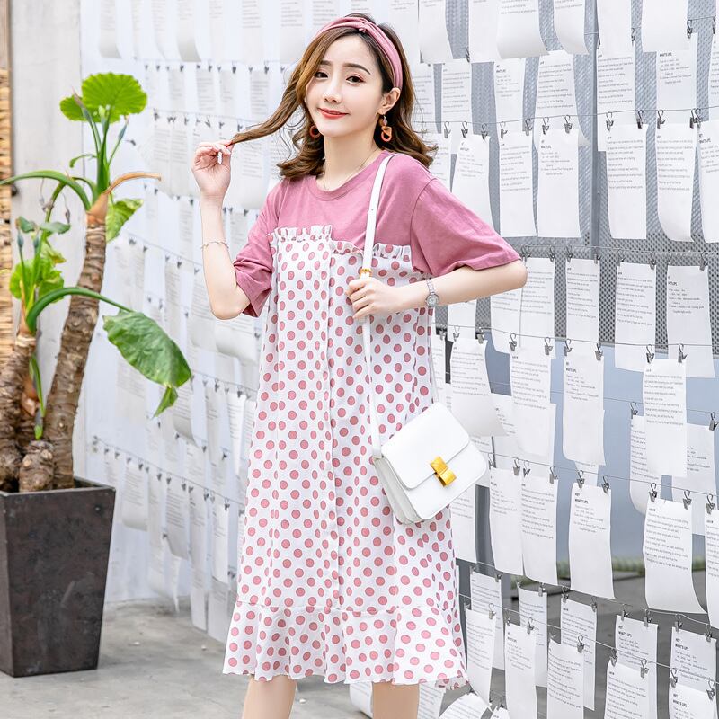 【新作】【送料無料】 マタニティウェア2019サマーファッションウェーブドットステッチフェイクツーピースルーズミドル丈とラージサイズのマタニティドレス-アリババ 大きめサイズ 夏物 expec250527257721