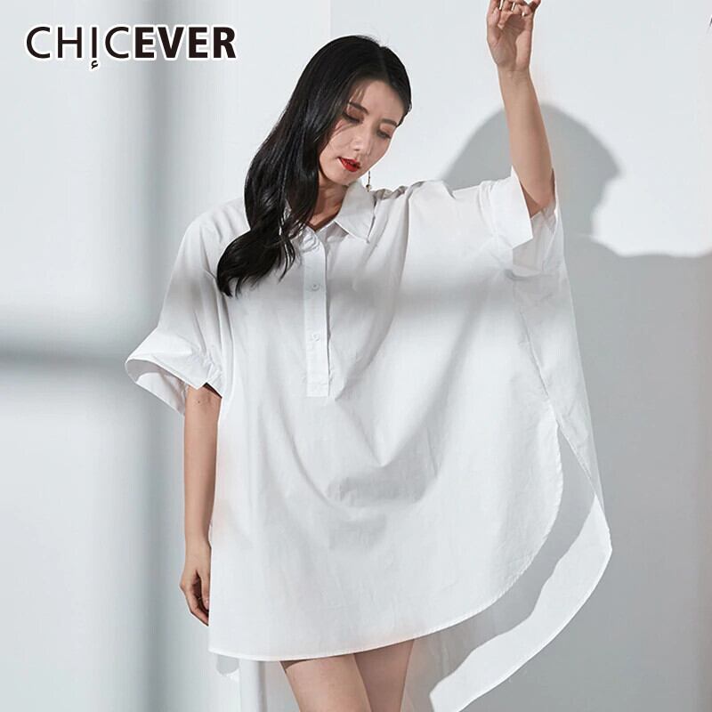 CHICEVERサマーウィメンズシャツブラウス裾非対称ターンダウンカラーハーフバットウィングスリーブルーズシャツブラウスタイド 夏物 6base578446334402