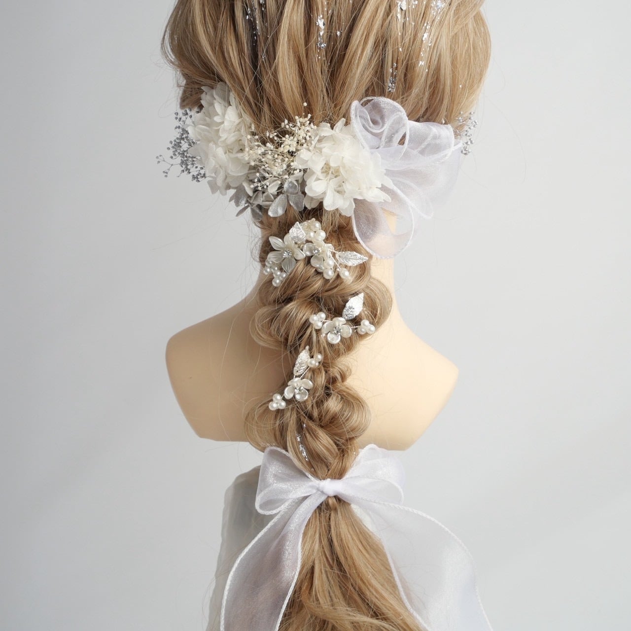 A496 ドライフラワー リボン 髪飾り 白 シルバー 卒業式 袴 成人式 振袖 結婚式 和装