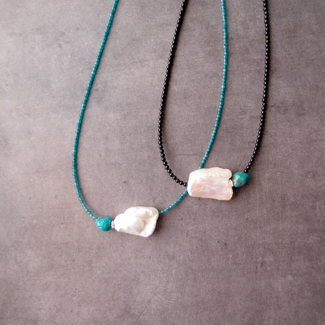 Biwa Pearl × Turquoise × Blue Jade Necklace／ビワパール × ターコイズ ロングネックレス（Blue）