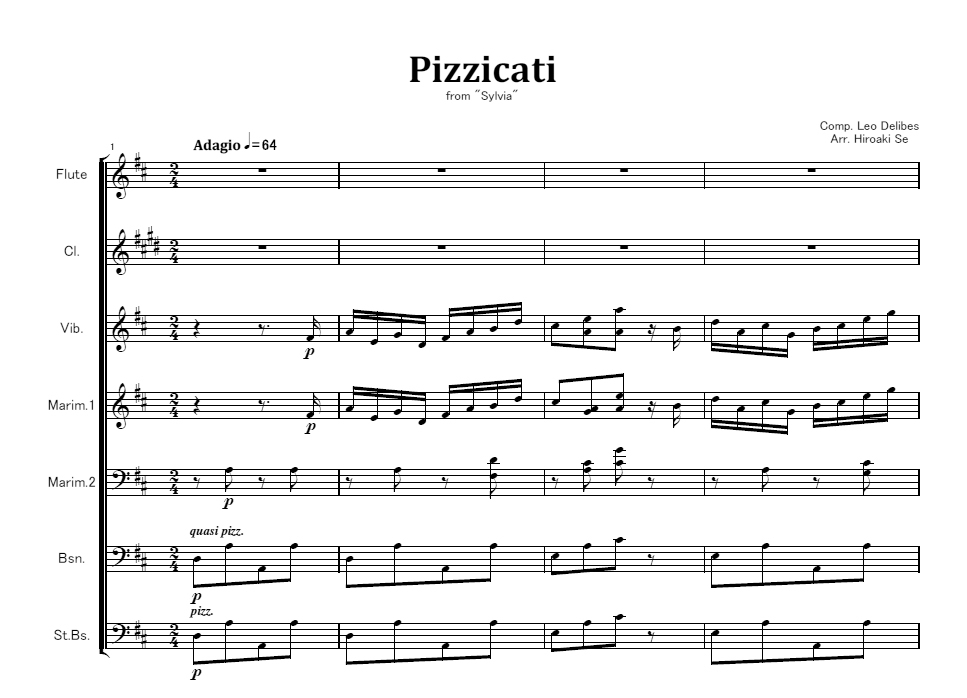 第３曲「ピチカート」楽譜　ドリーブ：バレエ組曲「シルヴィア」から　鍵盤打楽器＋七重奏　吹奏楽アンサンブル楽譜のアトリエ・アニマート