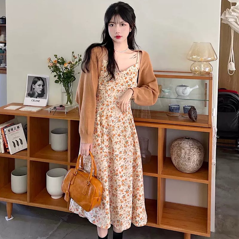 デートにピッタリ 小花柄ワンピ 付き 2点セット ブルベ イエベ キャミワンピ ワンピース カーディガン ボレロ 花柄 カジュアル ガーリー Lamitte Deco トレンド 韓国ファッション ショップ Base店