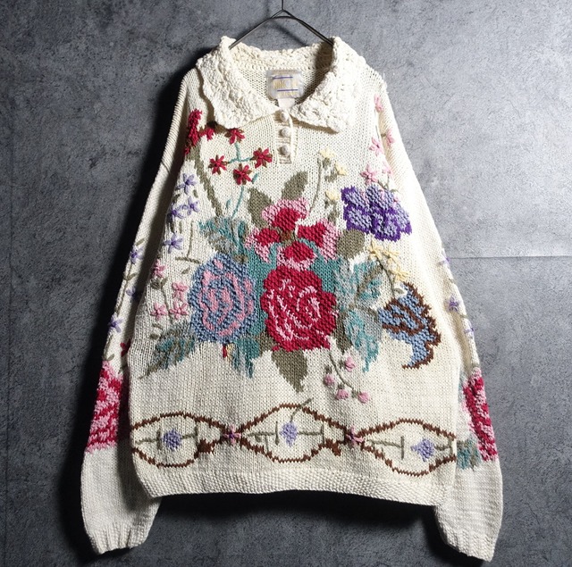 Ivory Flower Motif Design Hand Knit Polo