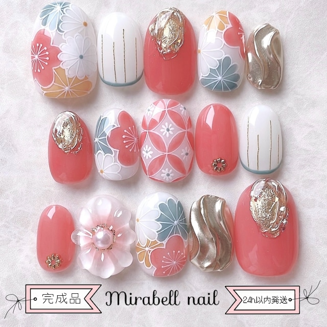 【完成品 即日発送】和柄 アプリコット ピンク ゴールド 梅 菊 花七宝 ぷっくり フラワー 15枚 ネイルチップ セット #ncs019