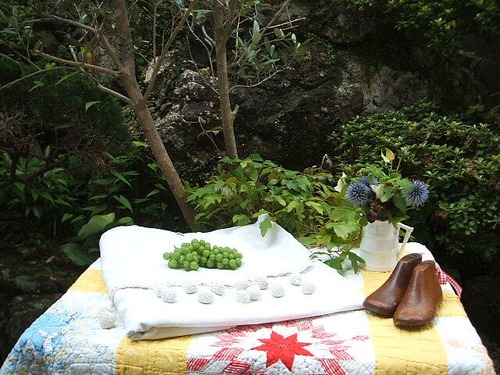 french vintage white panel curtain with pom pom　リネンカーテン　モノグラム