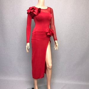 【再値下げ】社交ダンス ドレス　ラテン　レッド　S～M　LA-89　デモ・競技用ドレス　発表会　衣装　パーティドレス　ワンピース