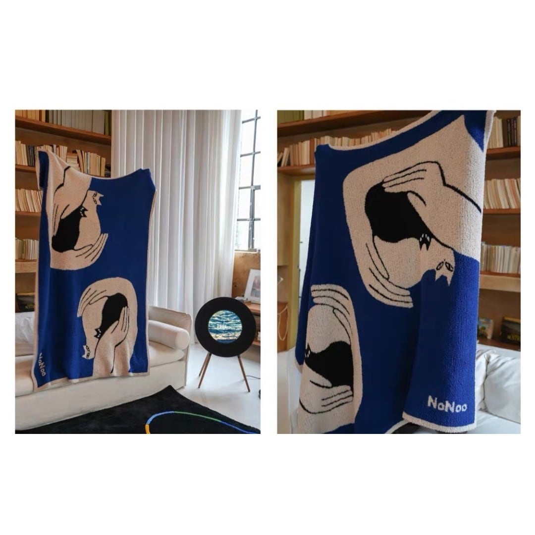 NoNooStore 北欧 アート 猫 キャット柄 大判 ブランケット ブルー NoNooStore 北欧 アート 猫 キャット柄 大判 ブランケット ブルー