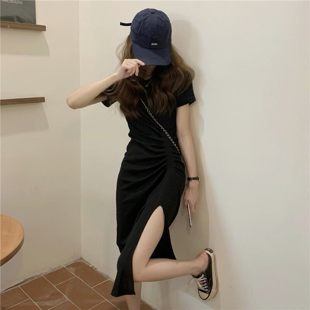 ブラックTシャツ ドレス サマースリムスリットロングスカート 大人ガーリー スウィート キュート カジュアル 夏物 試着室29891825509