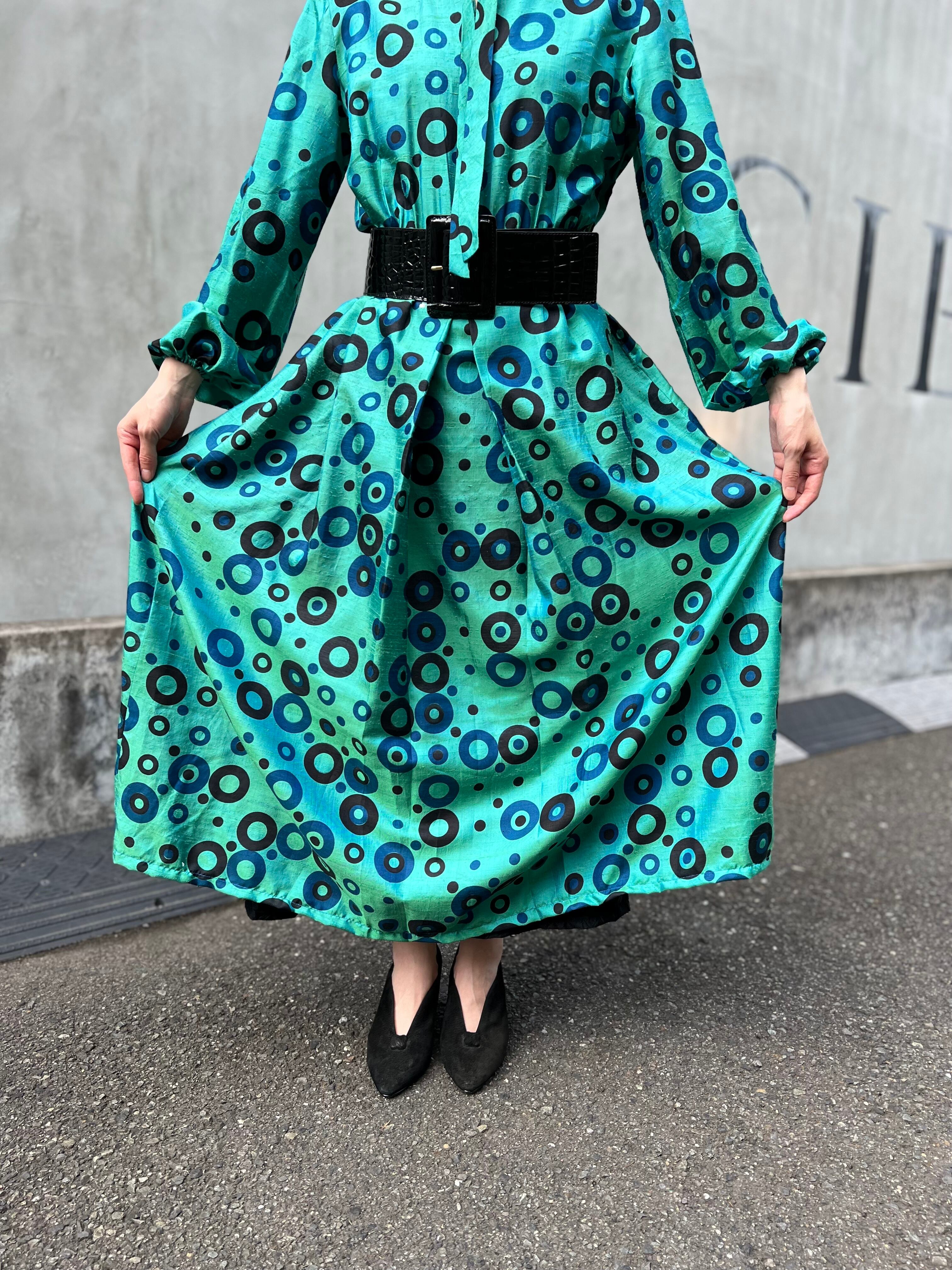 Vintage handmade green × circle print dress ( ヴィンテージ